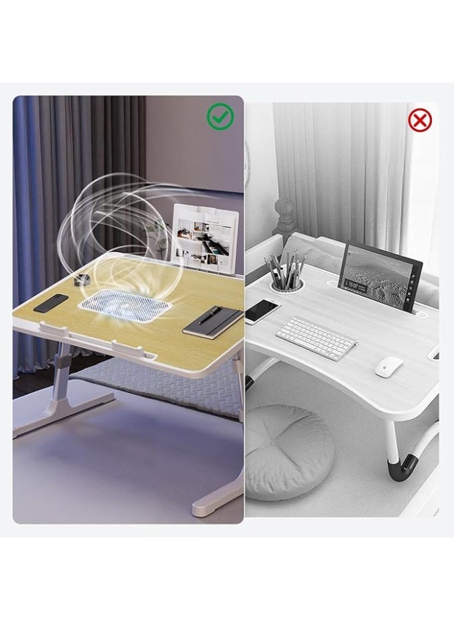 طاولة لابتوب خشبية باللون البلوط الأبيض - مكتب سرير قابل للتعديل مع مروحة تبريد USB، إضاءة LED، ودرج تخزين - Image 4